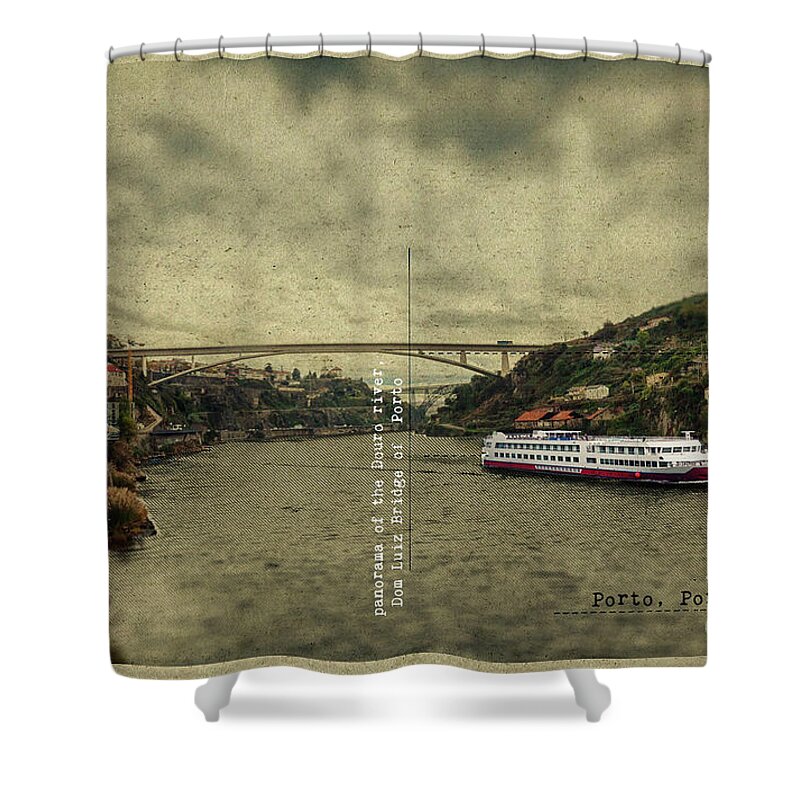 Postcard Shower Curtain featuring the digital art panorama of the Douro river, Dom Luiz Bridge of Porto, Portugal by Ariadna De Raadt