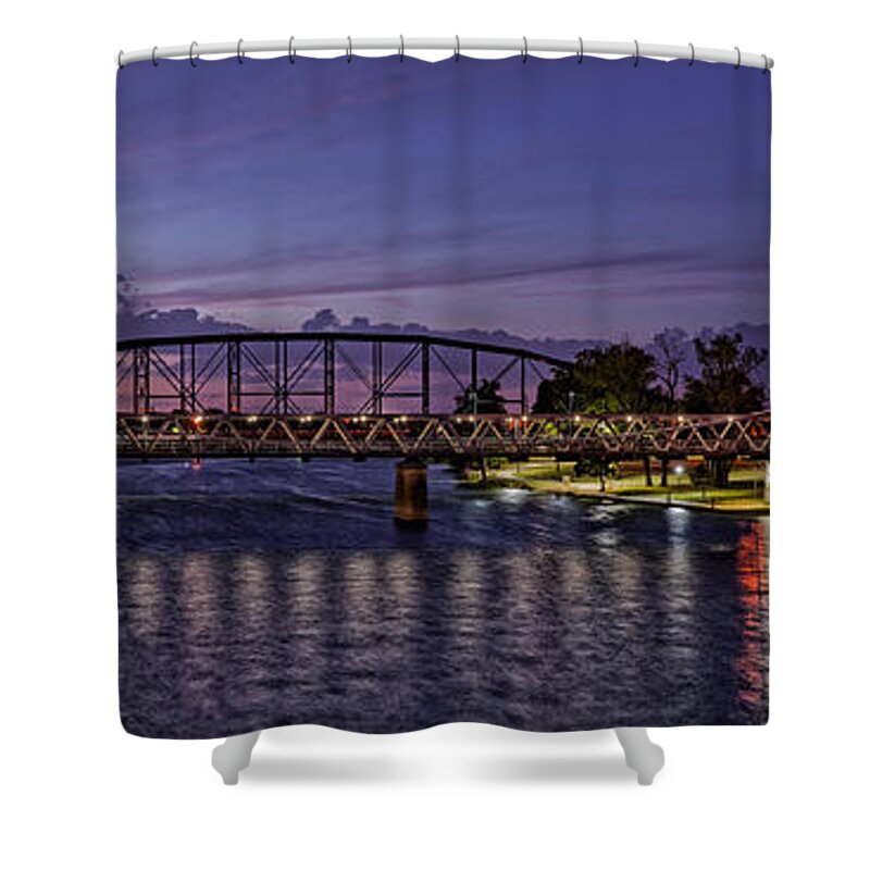 Downtown Shower Curtain featuring the photograph Panorama of Waco Suspension Bridge Over the Brazos River at Twilight - Waco Central Texas by Silvio Ligutti