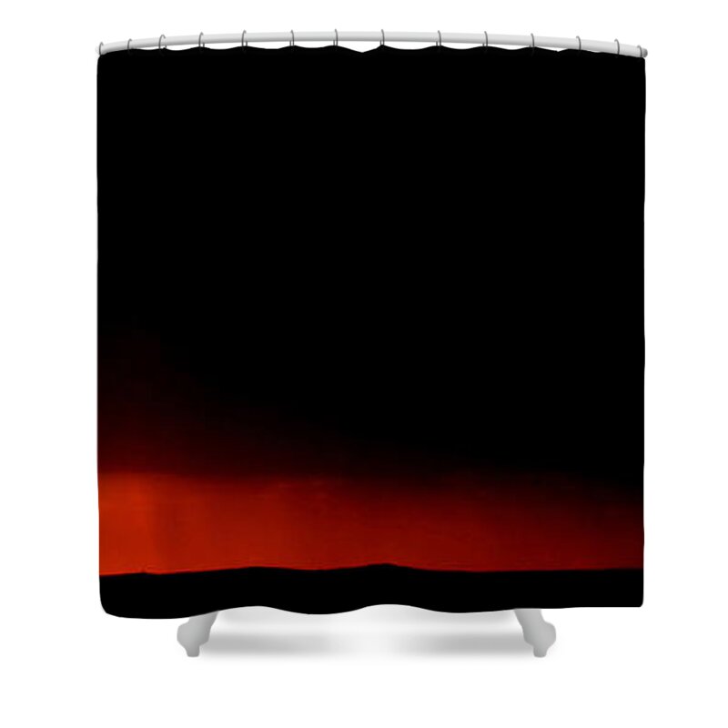  Shower Curtain featuring the digital art Panoramic Lightning Storm and sunset by Mark Duffy