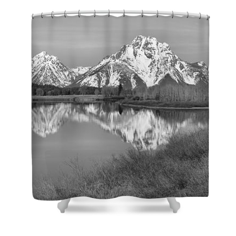 Black And White Shower Curtain featuring the photograph Panoramic Reflections At Oxbow Black And White by Adam Jewell