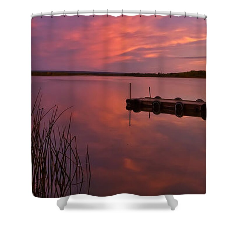  Shower Curtain featuring the digital art Panoramic Sunset Northern Lake by Mark Duffy