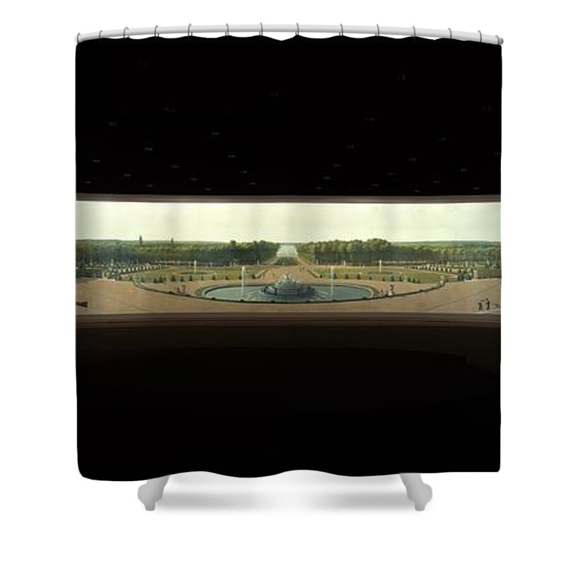 Panoramic View Of The Palace And Gardens Of Versailles Shower Curtain featuring the painting Panoramic View of the Palace and Gardens of Versailles by MotionAge Designs