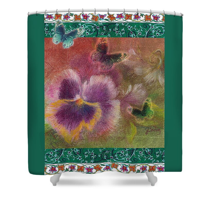 Illustrated Pansy Shower Curtain featuring the painting Pansy Butterfly Asianesque border by Judith Cheng