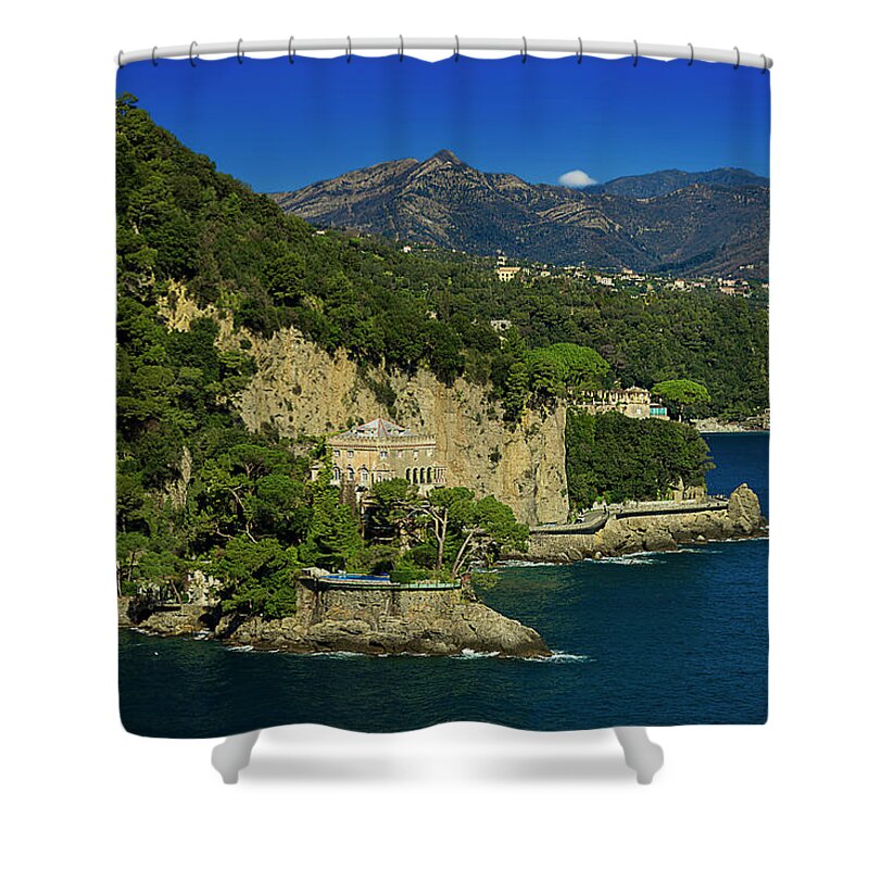 Costa Shower Curtain featuring the photograph PARAGGI BAY CASTLE AND LIGURIA MOUNTAINS Portofino Park BONOMI BERLUSCONI CASTLE by Enrico Pelos