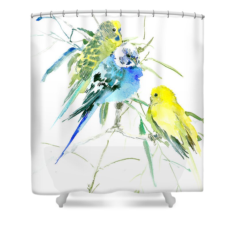 Parakeet Shower Curtain featuring the painting Parakeets by Suren Nersisyan