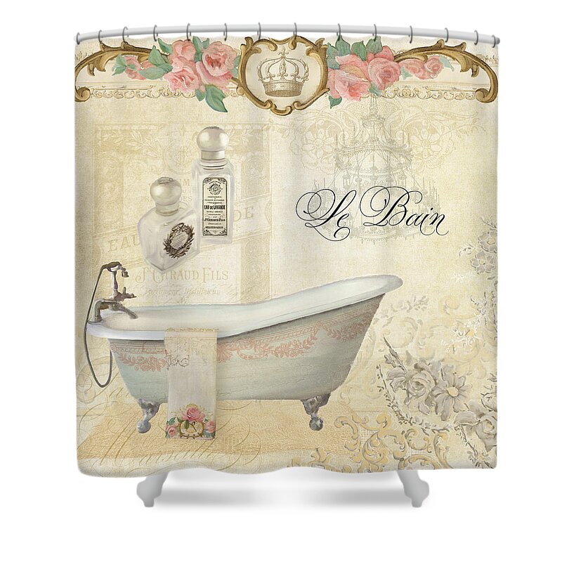 Parchment Shower Curtain featuring the painting Parchment Paris - Le Bain or The Bath Chandelier and tub with Roses by Audrey Jeanne Roberts