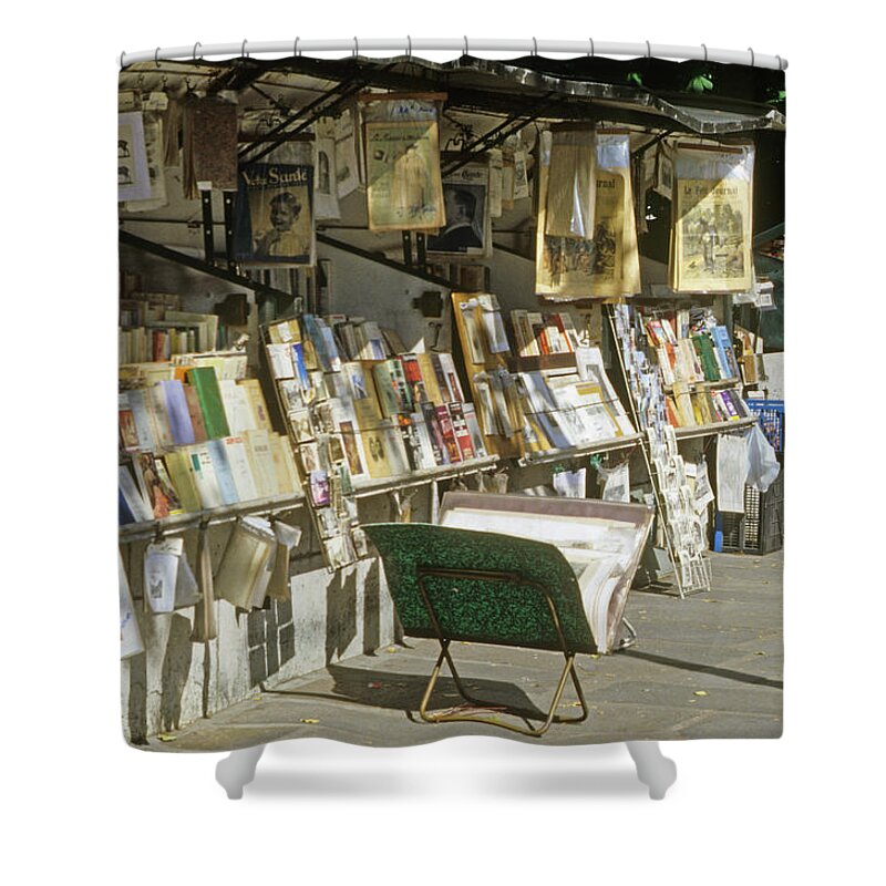 Paris Shower Curtain featuring the photograph Paris Bookseller Stall by Frank DiMarco