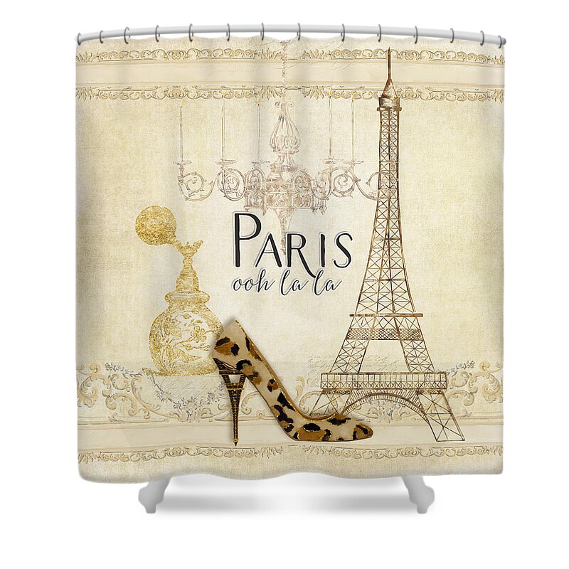 Fashion Shower Curtain featuring the painting Paris - Ooh la la Fashion Eiffel Tower Chandelier Perfume Bottle by Audrey Jeanne Roberts