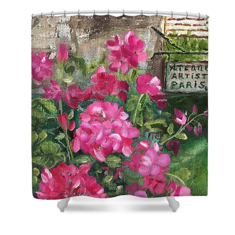 Geraniums Shower Curtain featuring the painting Paris, Wisconsin by Sharon Schultz