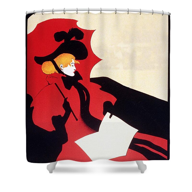 Parisian Lady Shower Curtain featuring the mixed media Parisian Lady in a Red Gown with a Black Hat and Red Umbrella - Vintage Advertising Poster by Studio Grafiikka