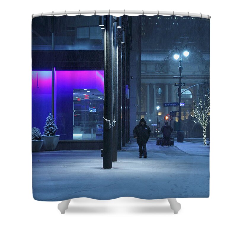 Park Avenue Shower Curtain featuring the photograph Park Avenue Bellow Grand Central Maintenance crew cleaning street during the snow storm  by Alexander Winogradoff