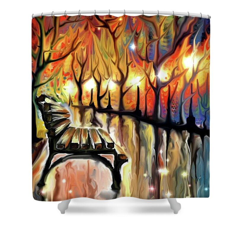 Night Shower Curtain featuring the digital art Park bench by Darren Cannell