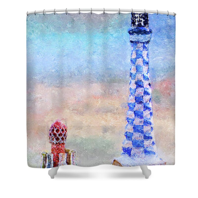 Park Guell Shower Curtain featuring the photograph Park Guell tower painting- Gaudi by Weston Westmoreland