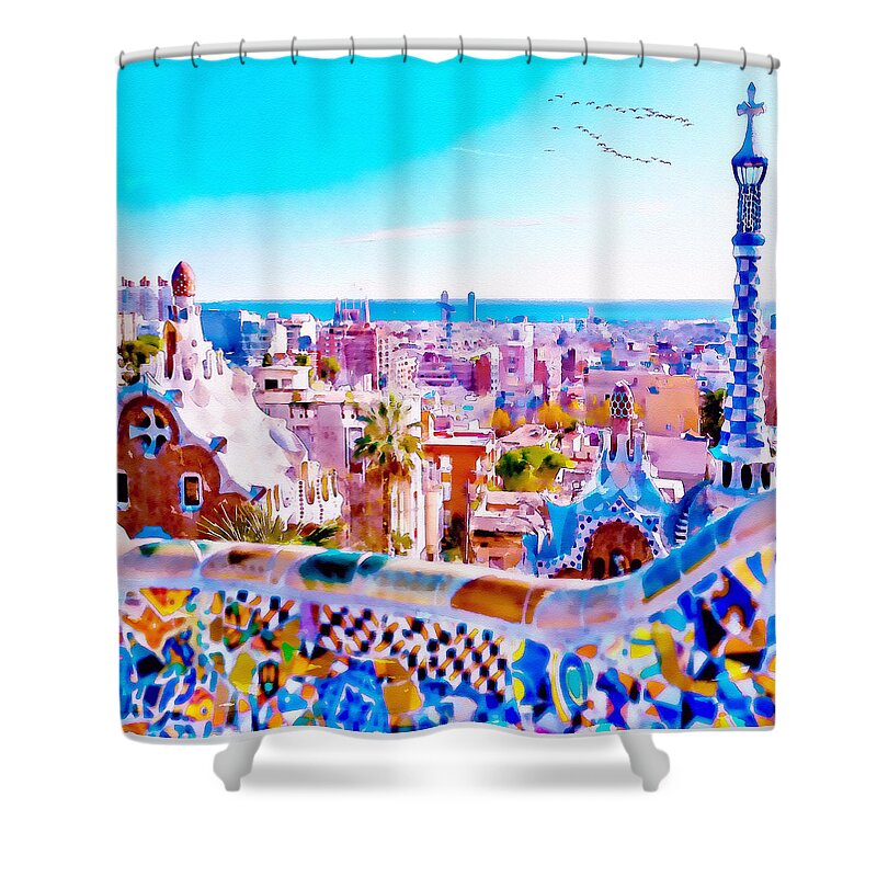Marian Voicu Shower Curtain featuring the painting Park Guell Watercolor painting by Marian Voicu