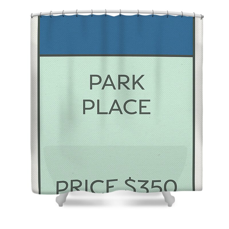 Park Place Shower Curtain featuring the mixed media Park Place Vintage Monopoly Board Game Theme Card by Design Turnpike