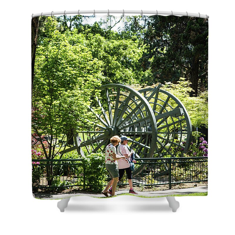 Park Walkers And Log Hauler Shower Curtain featuring the photograph Park Walkers and Log Hauler by Tom Cochran