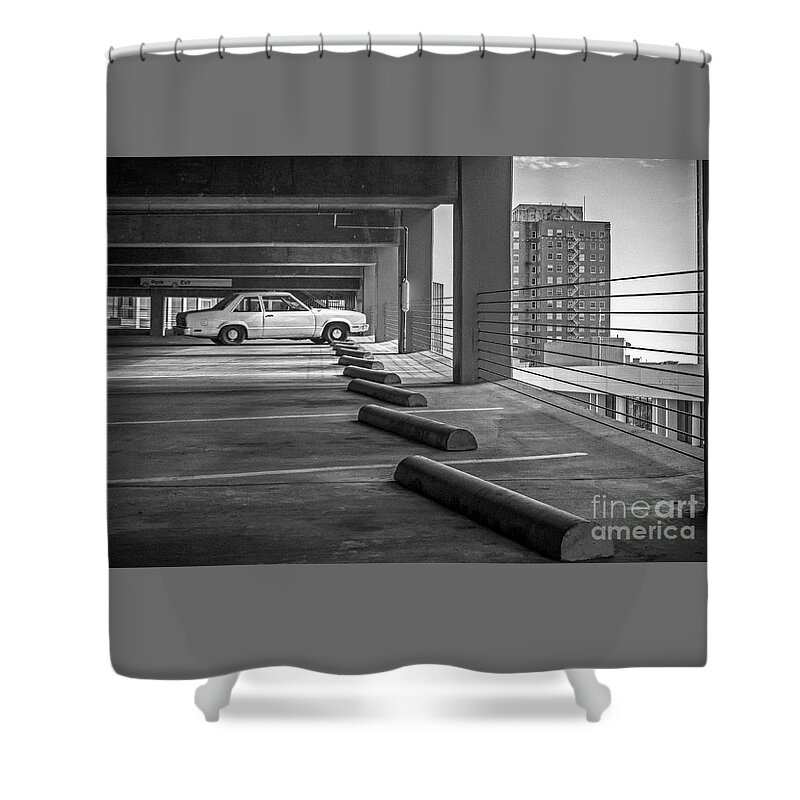 Parked In Black And White; Parked Shower Curtain featuring the photograph Parked in Black and White by Imagery by Charly