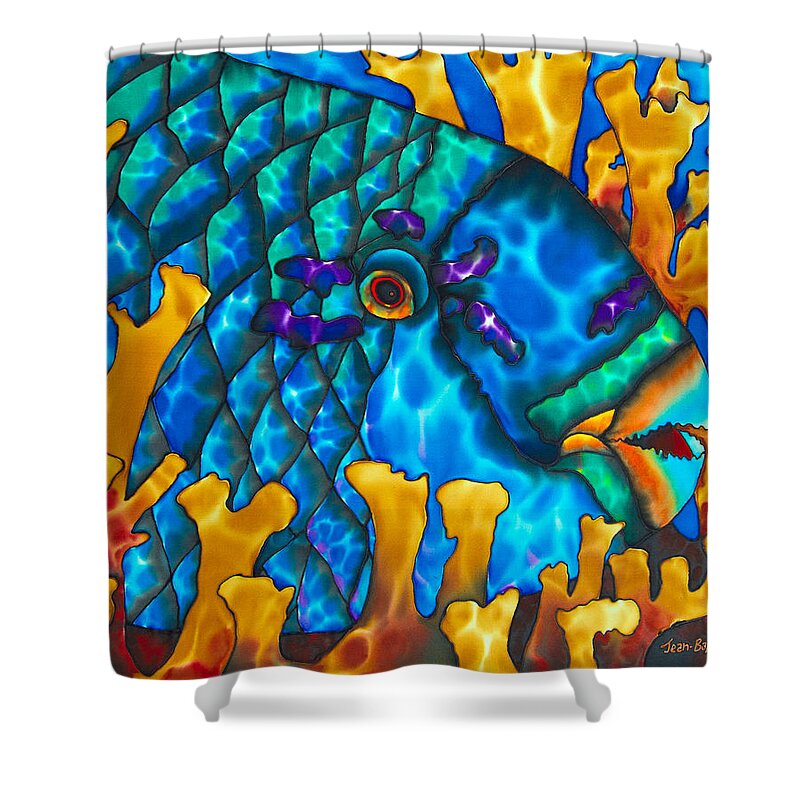 Diving Shower Curtain featuring the painting Parrotfish and Fire coral by Daniel Jean-Baptiste
