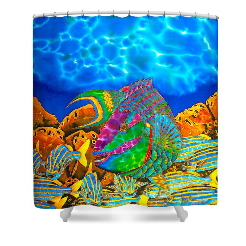 Stoplight Parrotfish Shower Curtain featuring the painting Parrotfish and smallmouth grunt by Daniel Jean-Baptiste