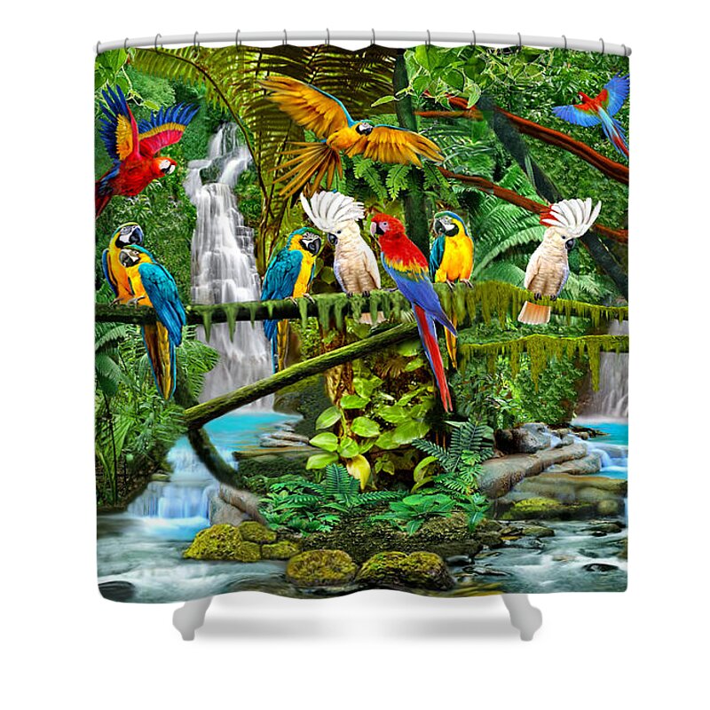 Parrots Shower Curtain featuring the digital art Parrots in Paradise by Glenn Holbrook