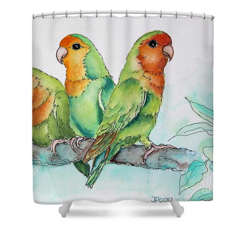 Bird Shower Curtain featuring the painting Parrots Trio by Inese Poga