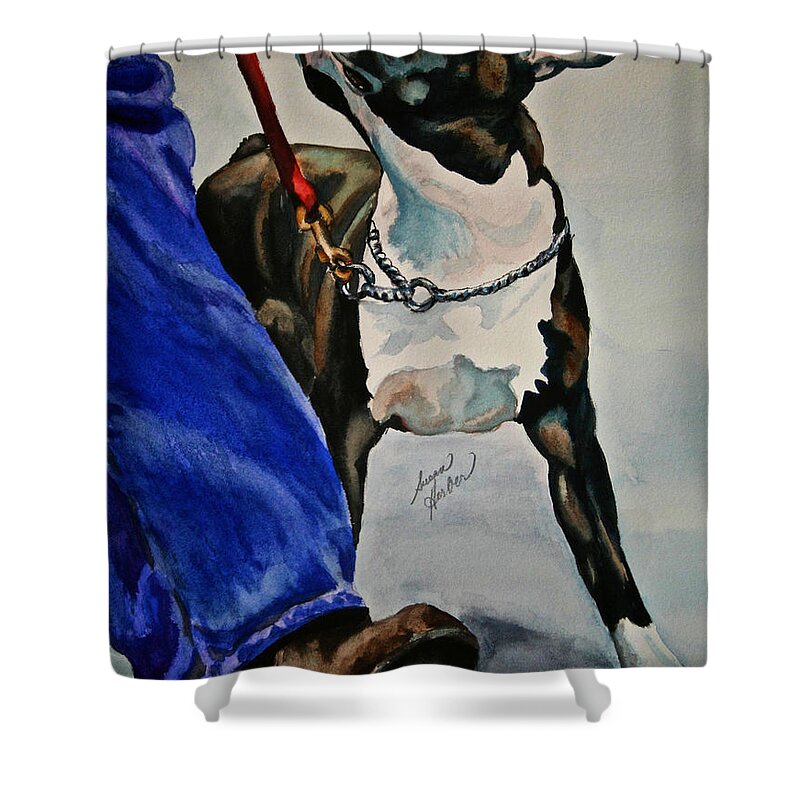 Boston Terrier Shower Curtain featuring the painting Partners by Susan Herber