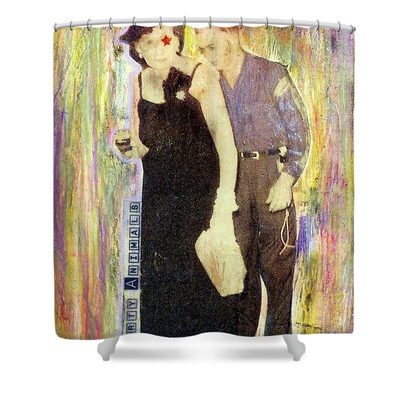 Party Animals Shower Curtain featuring the mixed media Party Animals by Desiree Paquette