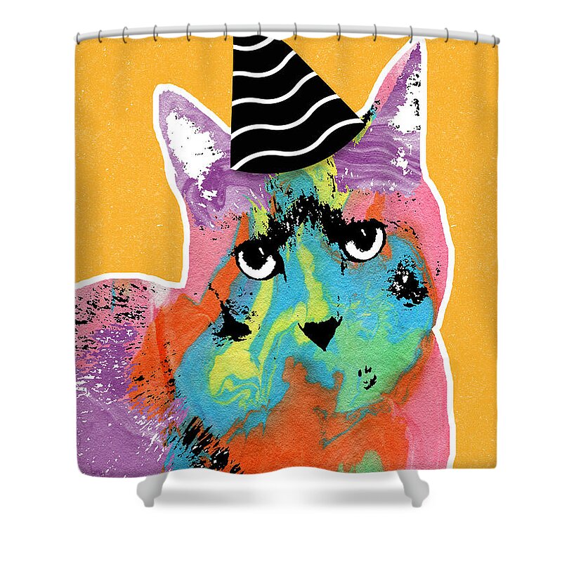 Cat Shower Curtain featuring the mixed media Party Cat- Art by Linda Woods by Linda Woods