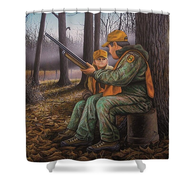 Teach Shower Curtain featuring the painting Pass It On - Hunting by Anthony J Padgett