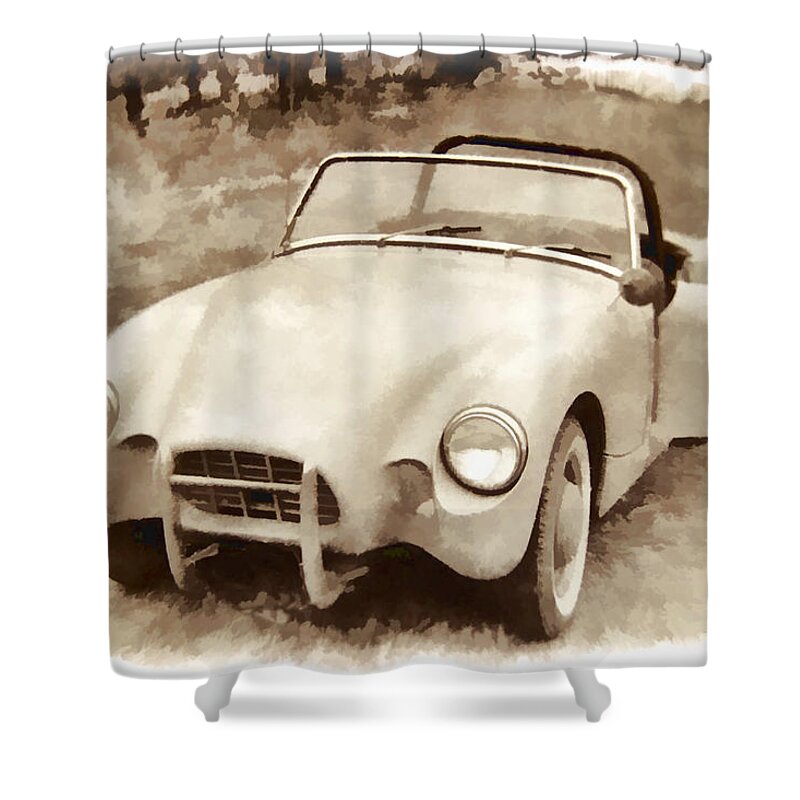 Austin-healey Shower Curtain featuring the digital art Pastel 1960 Racing Sprite by Lin Grosvenor