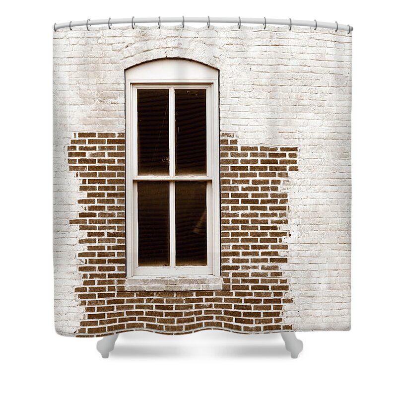 Mason Masonry Brick Window Patch Patched Repair Repaired Black White Monochrome Sepia Shower Curtain featuring the photograph Patched Masonry 1978 by Ken DePue
