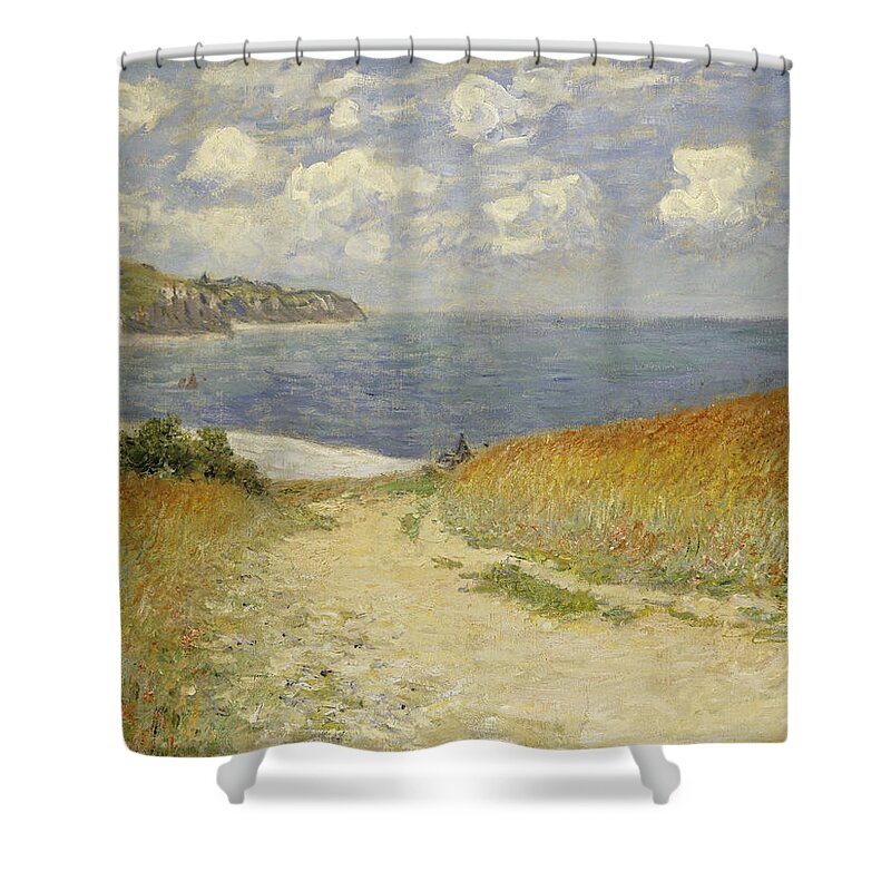 Claude Monet Shower Curtain featuring the painting Path in the Wheat at Pourville by Claude Monet