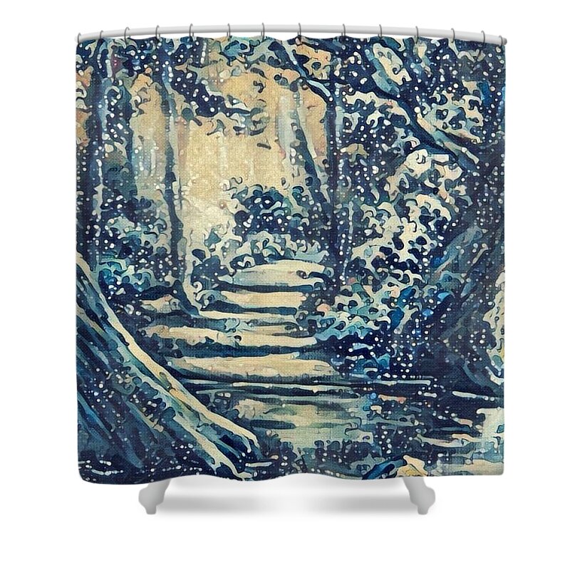 Landscapes Shower Curtain featuring the painting Path thru the woods by Megan Walsh