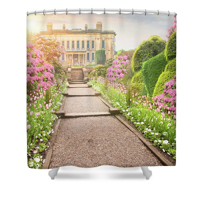 Mansion Shower Curtain featuring the photograph Pathway To The Mansion Through Tulips At Sunset by Lee Avison
