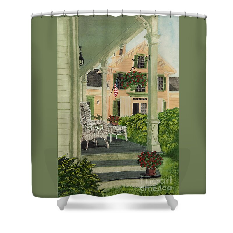 Side Porch Shower Curtain featuring the painting Patriotic Country Porch by Charlotte Blanchard