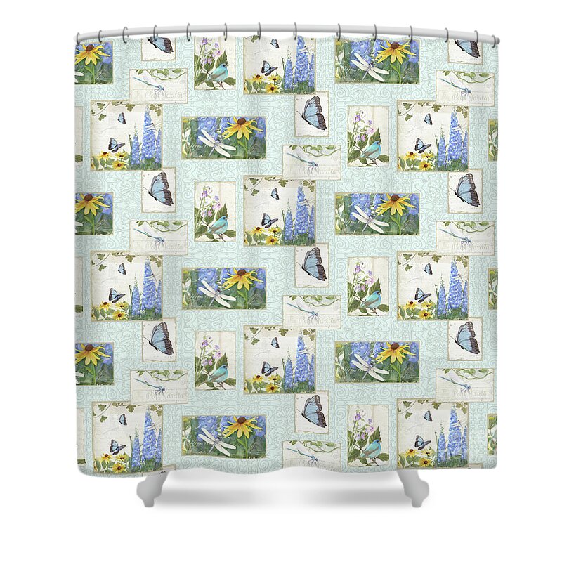 Half Drop Repeat Shower Curtain featuring the painting Pattern Butterflies Dragonflies Birds and Blue and Yellow Floral by Audrey Jeanne Roberts