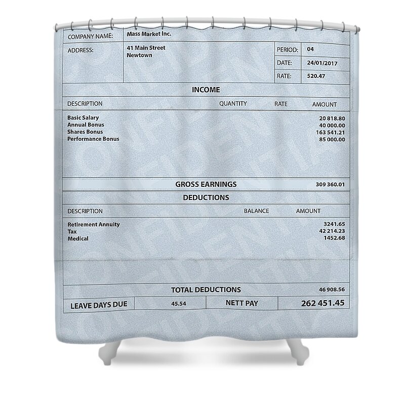Advice Shower Curtain featuring the digital art Paycheck Fictitious by Allan Swart