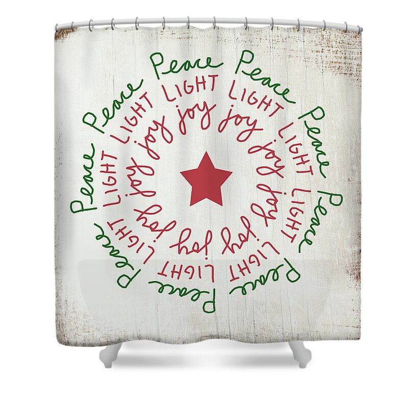 Peace Shower Curtain featuring the mixed media Peace Light Joy Wreath- Art by Linda Woods by Linda Woods