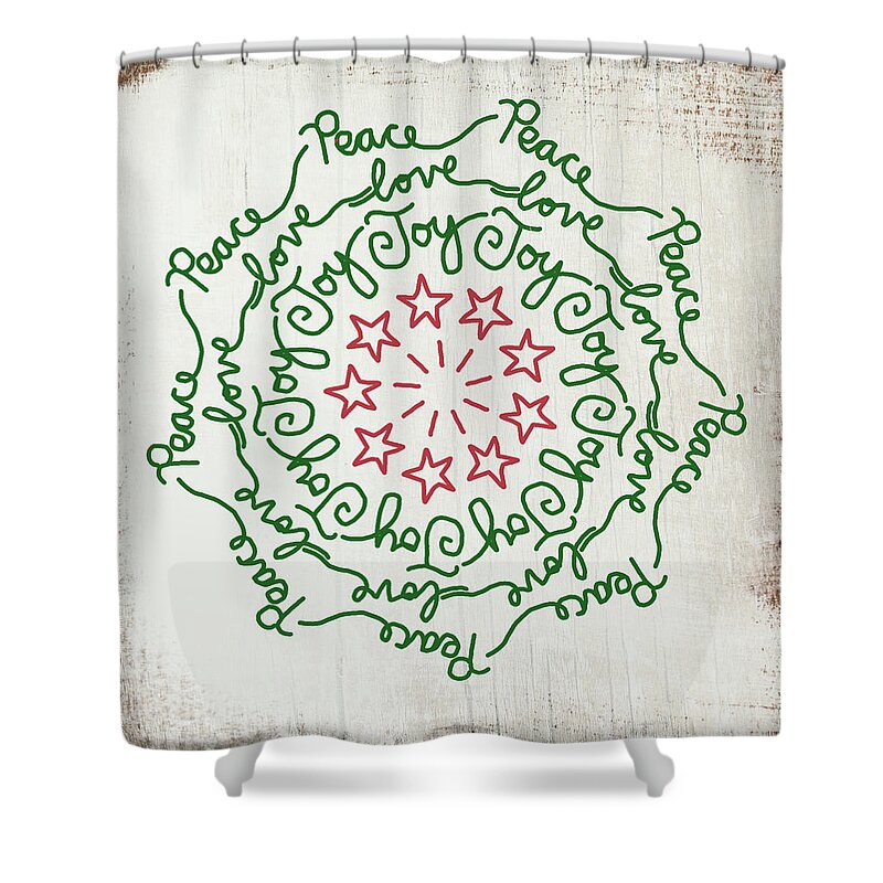 Peace Shower Curtain featuring the mixed media Peace Love Joy Wreath- Art by Linda Woods by Linda Woods