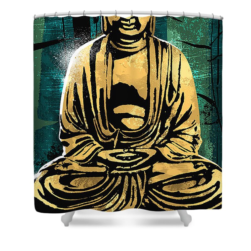 Buddha Shower Curtain featuring the digital art Peace of Gold by Canvas Cultures