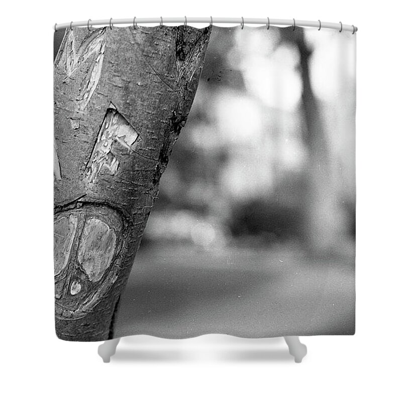 Peace Sign Shower Curtain featuring the photograph Peace Sign Carving, 1975 by Jeremy Butler