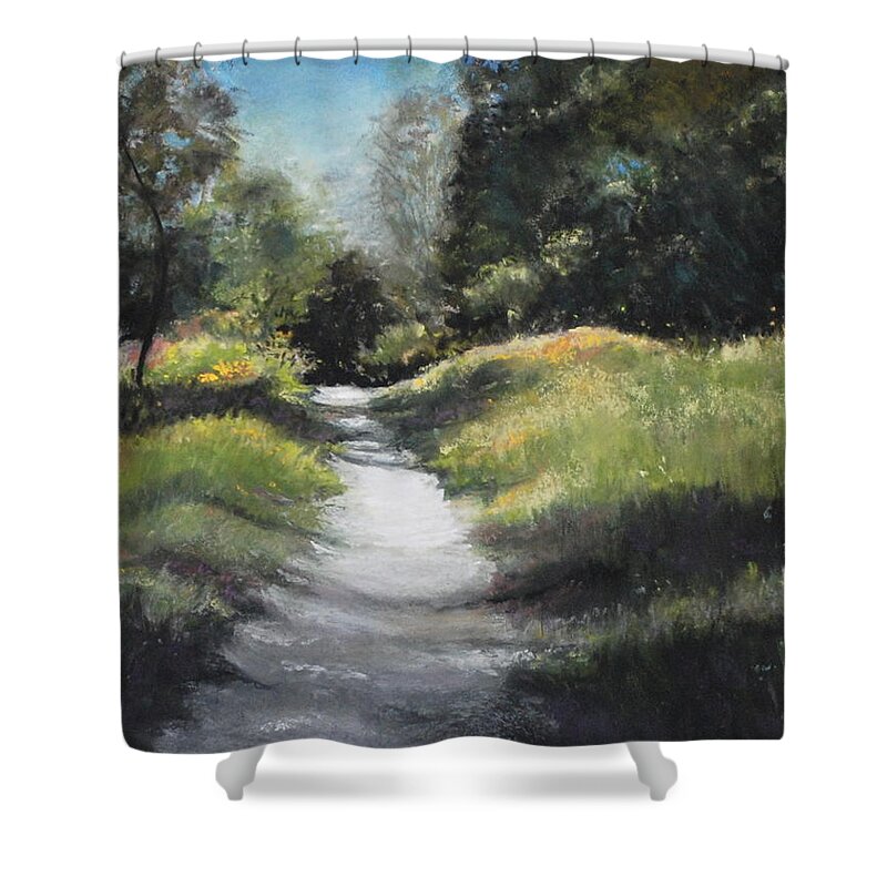 Path Shower Curtain featuring the pastel Peaceful Walk in The Foothills by Sandra Lee Scott