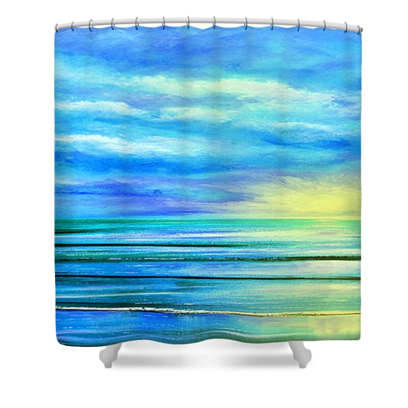 Sunset Shower Curtain featuring the painting Peacefully Blue - Panoramic Sunset by Gina De Gorna