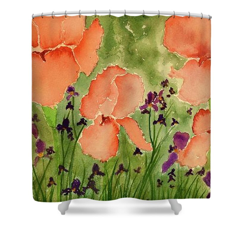 Barrieloustark Shower Curtain featuring the painting Peachy Watercolor Iris by Barrie Stark