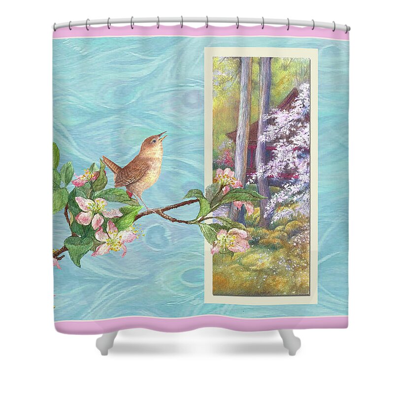 Illustrated Songbird Shower Curtain featuring the painting Peacock and Cherry Blossom with wren by Judith Cheng
