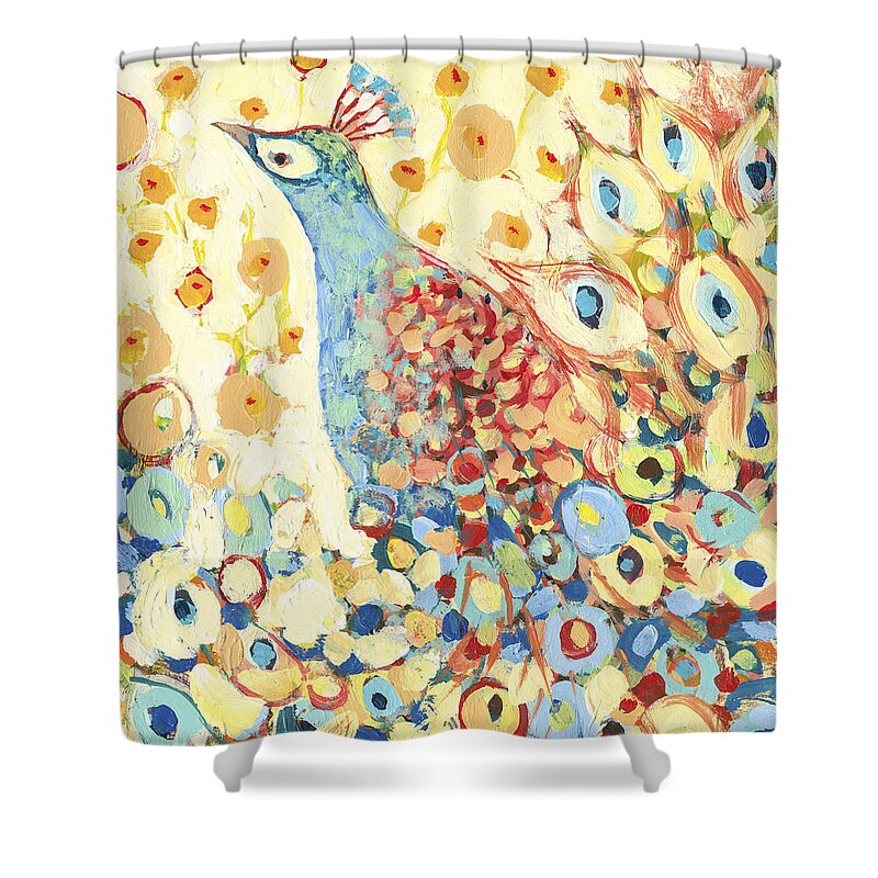 Peacock Shower Curtain featuring the painting Peacock Hiding in My Poppy Garden by Jennifer Lommers