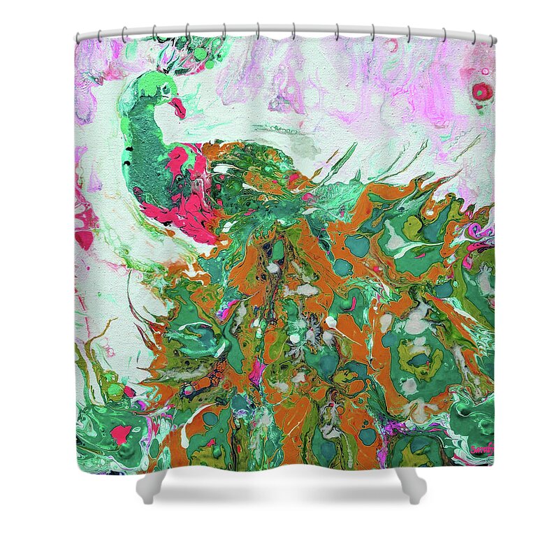 Peacock Shower Curtain featuring the painting Peacock in pink by Sarabjit Singh