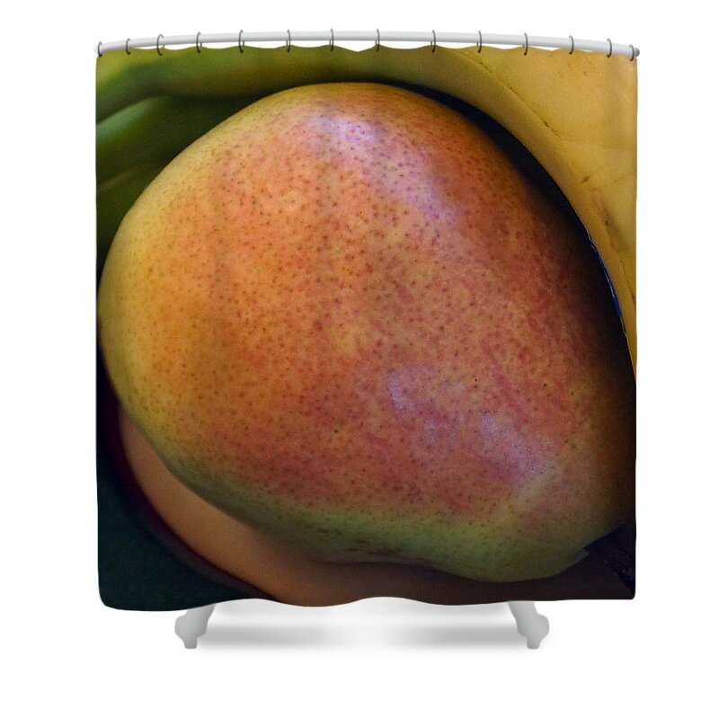 Pear Shower Curtain featuring the digital art Pear and Banana by Jana Russon