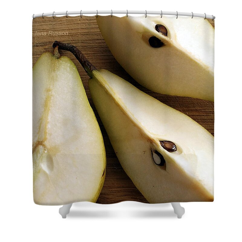 Pears Shower Curtain featuring the digital art Pear cut in Three by Jana Russon