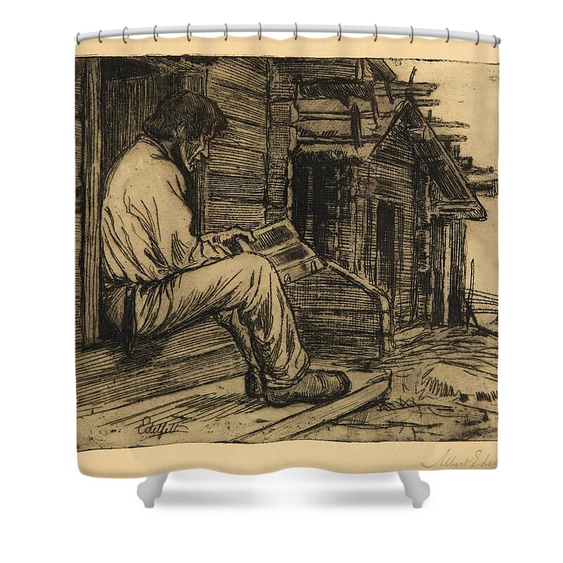 Albert Edelfelt Finnish Peasant Reading The Bible Shower Curtain featuring the painting Peasant reading the Bible by MotionAge Designs